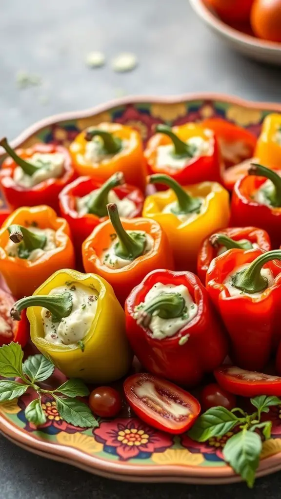 A colorful platter of stuffed mini peppers filled with creamy cheese and herbs, garnished with fresh basil and cherry tomatoes.