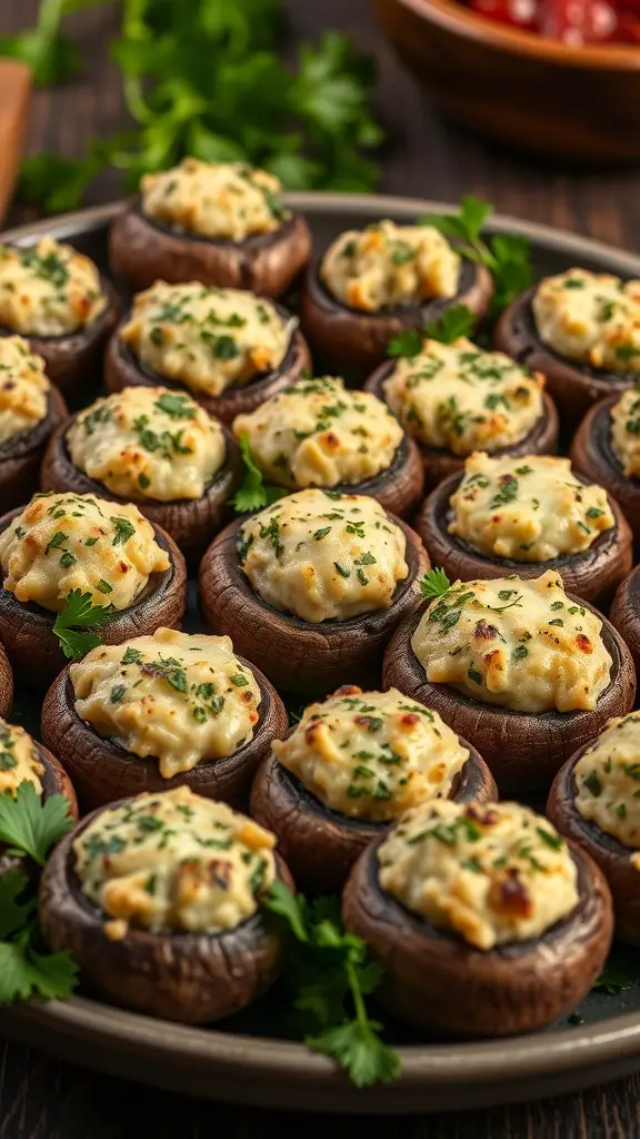 A platter of savory stuffed mushrooms filled with creamy cheese and topped with herbs.