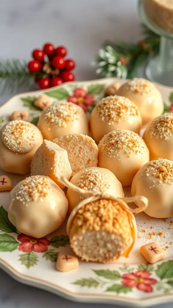 A plate of eggnog truffles decorated with nutmeg and holiday greenery.