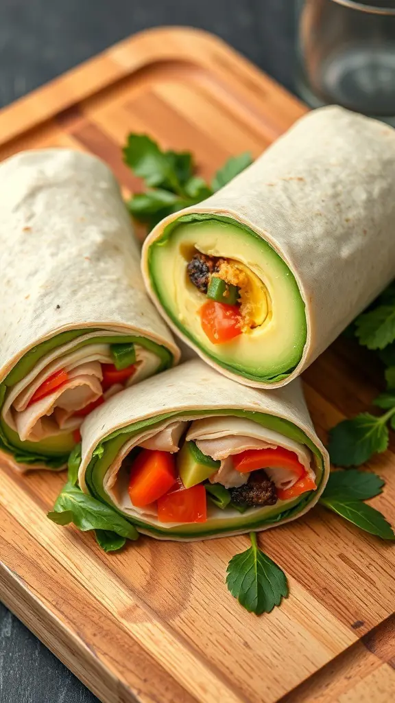 Turkey and avocado wraps on a wooden platter, garnished with fresh parsley.