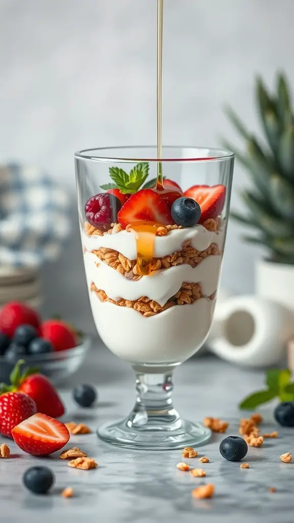A delicious Greek yogurt parfait with layers of yogurt, granola, and fresh berries, drizzled with honey.