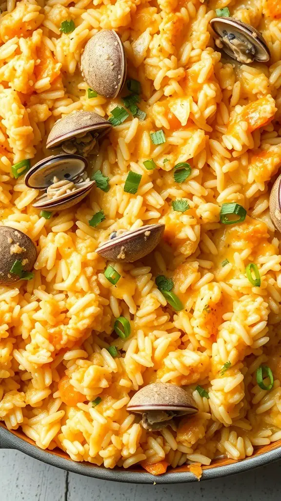 A close-up of clam and rice casserole with clams and green herbs on top.