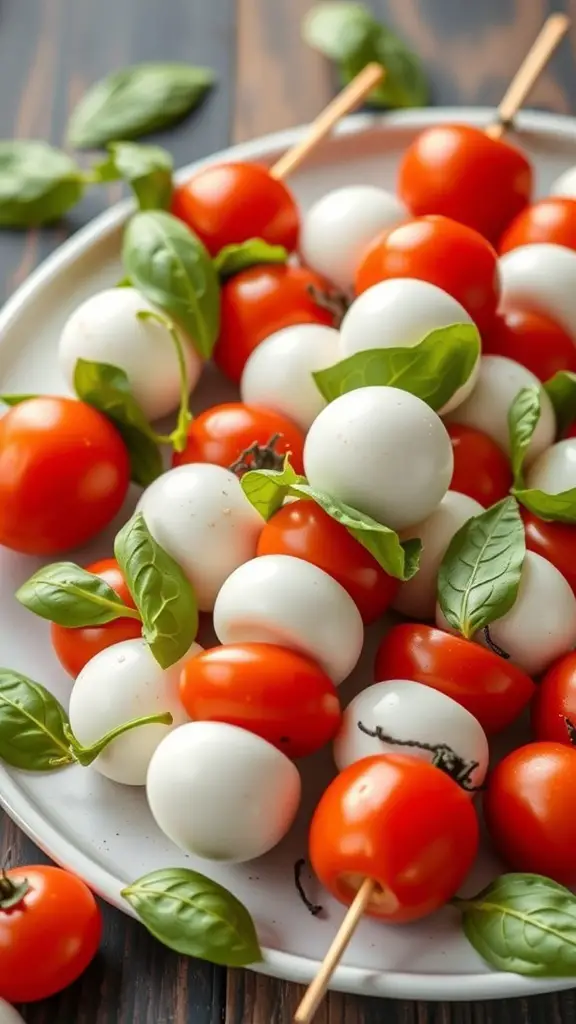 A plate of colorful Caprese skewers with cherry tomatoes, mozzarella balls, and basil leaves.