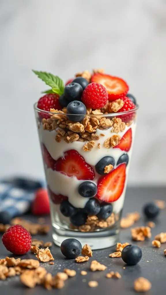 A delicious fruit and yogurt parfait with layers of yogurt, strawberries, blueberries, and granola.