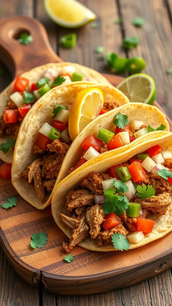 Three smoky turkey tacos filled with vegetables on a wooden board