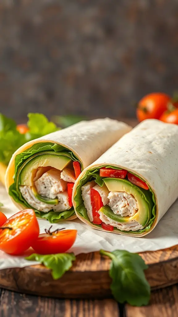 A delicious turkey and avocado wrap with fresh vegetables
