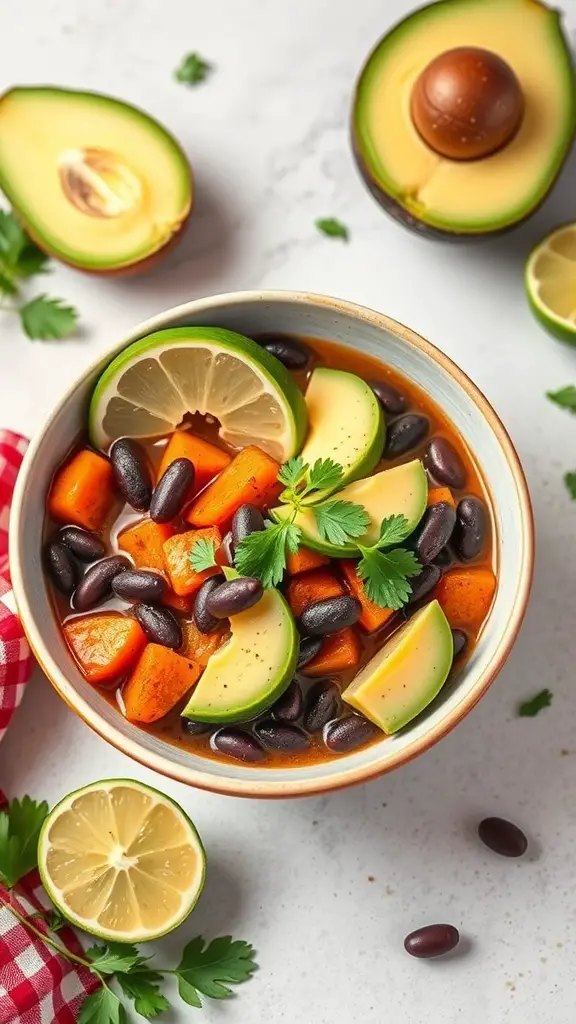A bowl of Sweet Potato and Black Bean Stew garnished with lime, avocado, and cilantro.