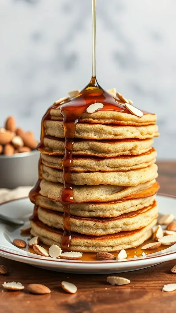 Stack of almond meal pancakes topped with syrup and sliced almonds