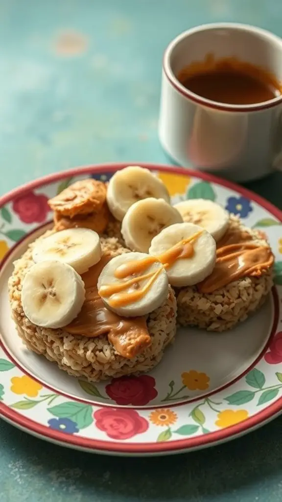 Almond butter rice cakes topped with banana slices on a colorful plate with a cup of coffee.
