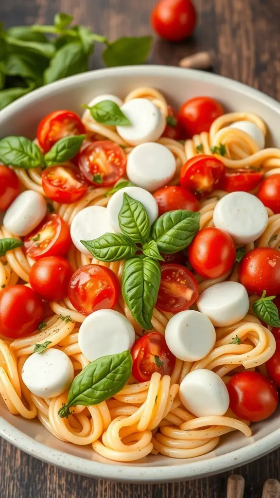 A bowl of Caprese Pasta Salad with cherry tomatoes, mozzarella balls, and fresh basil.