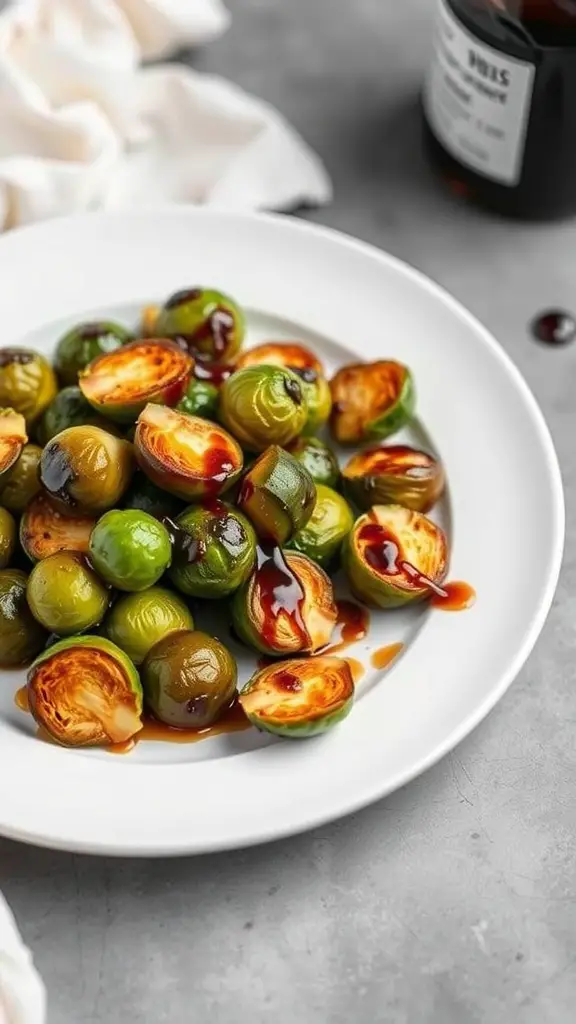 A plate of balsamic glazed Brussels sprouts, beautifully roasted and drizzled with glaze.