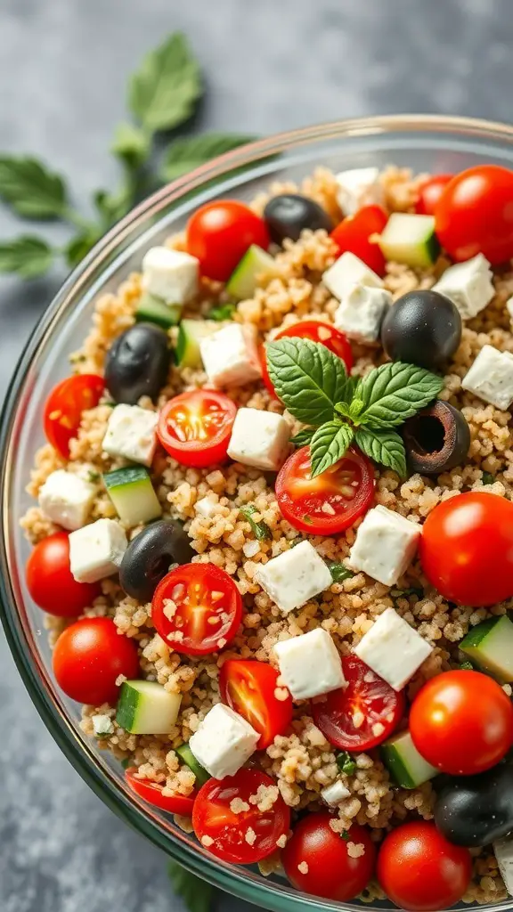 A bowl of Mediterranean quinoa salad with cherry tomatoes, cucumbers, olives, and feta cheese.