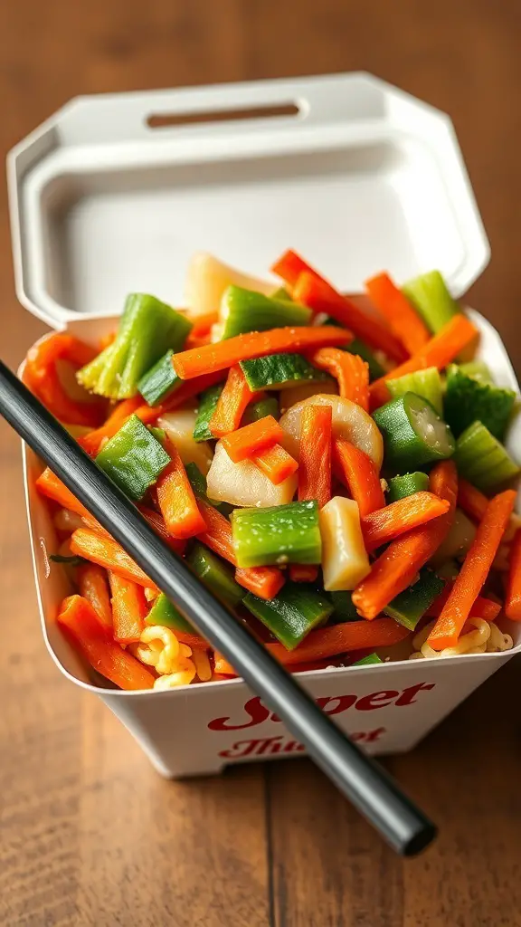 A colorful vegetable stir-fry in a takeout container with chopsticks.