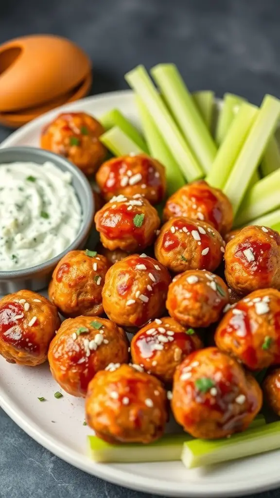 Plate of Buffalo Chicken Meatballs with Blue Cheese Dip and celery sticks