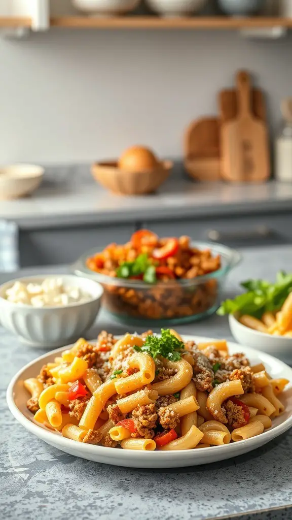A plate of hamburger macaroni casserole with ground beef, pasta, and colorful vegetables.