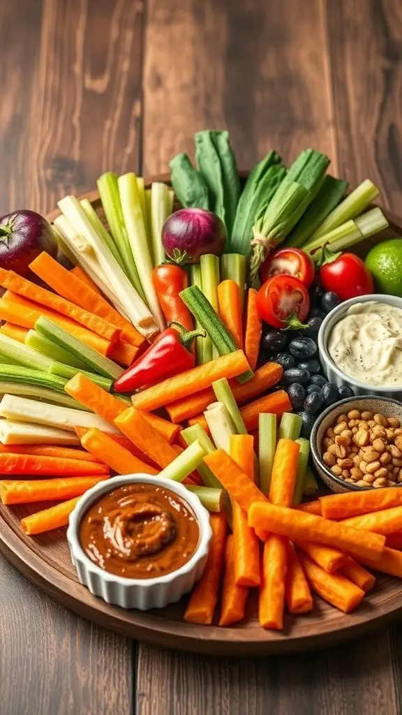 A colorful holiday veggie tray featuring carrots, celery, bell peppers, and dips.