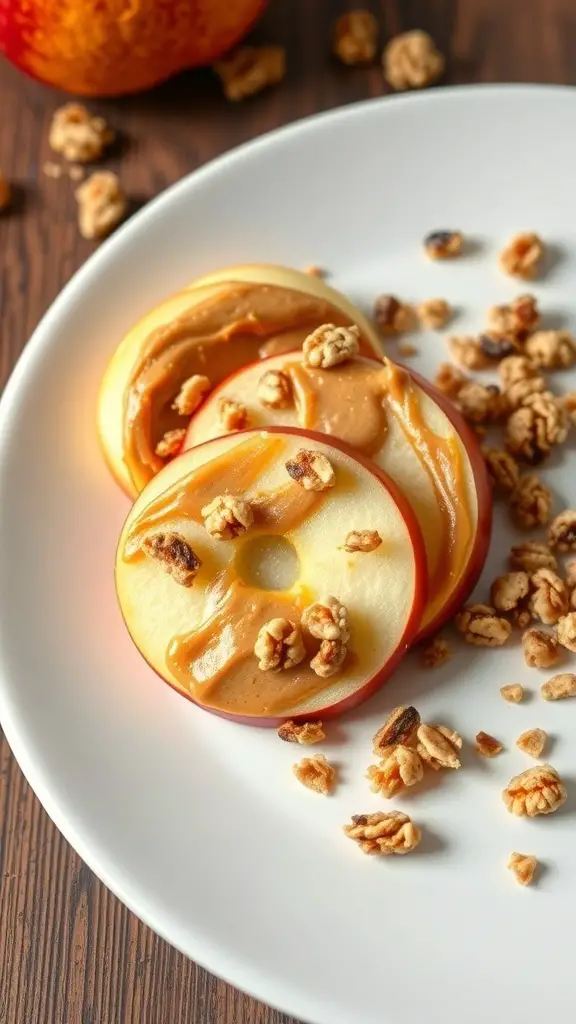Apple slices topped with peanut butter and granola on a white plate