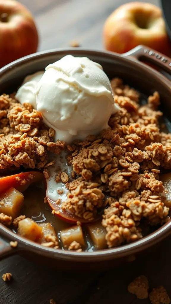 A bowl of apple crisp with oat topping and a scoop of vanilla ice cream