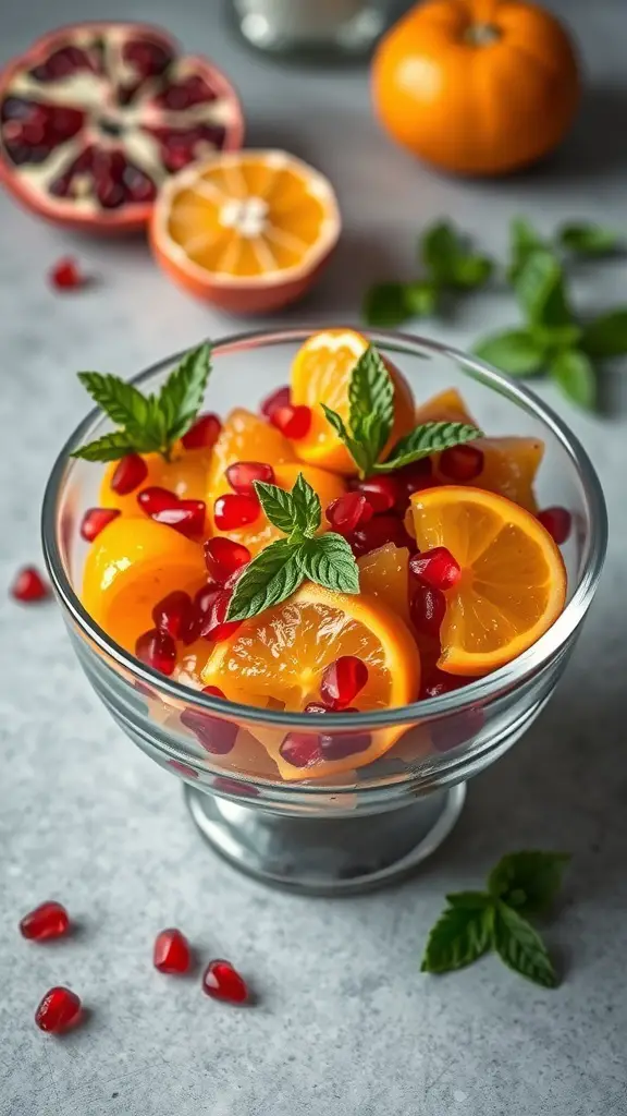 A bowl of clementine and pomegranate salad with mint leaves, surrounded by halved clementines and pomegranates.