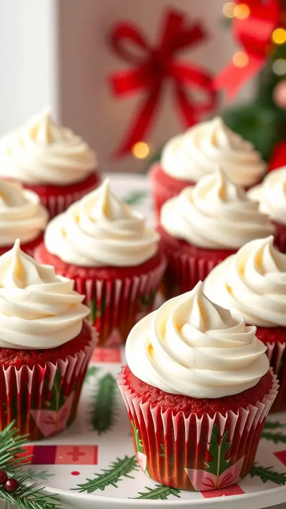 A plate of red velvet cupcakes with creamy frosting, decorated for Christmas.