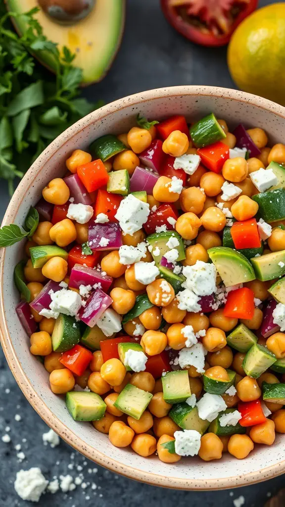 Chickpea salad with avocado, feta, and colorful vegetables in a bowl.