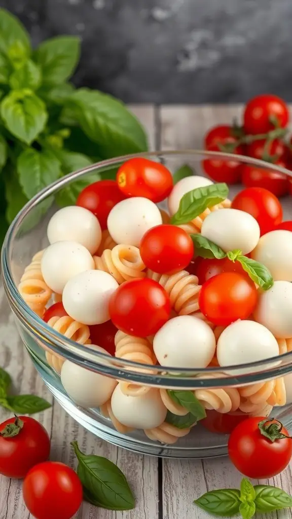 A bowl of Caprese Pasta Salad with cherry tomatoes, mozzarella balls, and fresh basil.