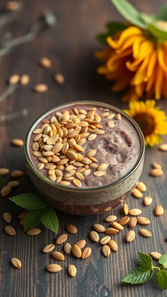 A colorful acai bowl topped with protein-packed seeds, surrounded by sunflower petals and mint leaves.