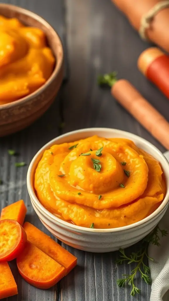 A bowl of sweet potato and carrot puree with fresh carrot slices beside it.