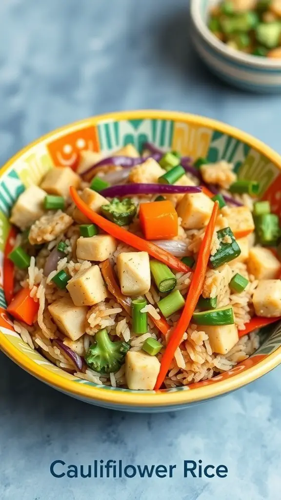 A colorful bowl of cauliflower rice stir-fry with vegetables and tofu.