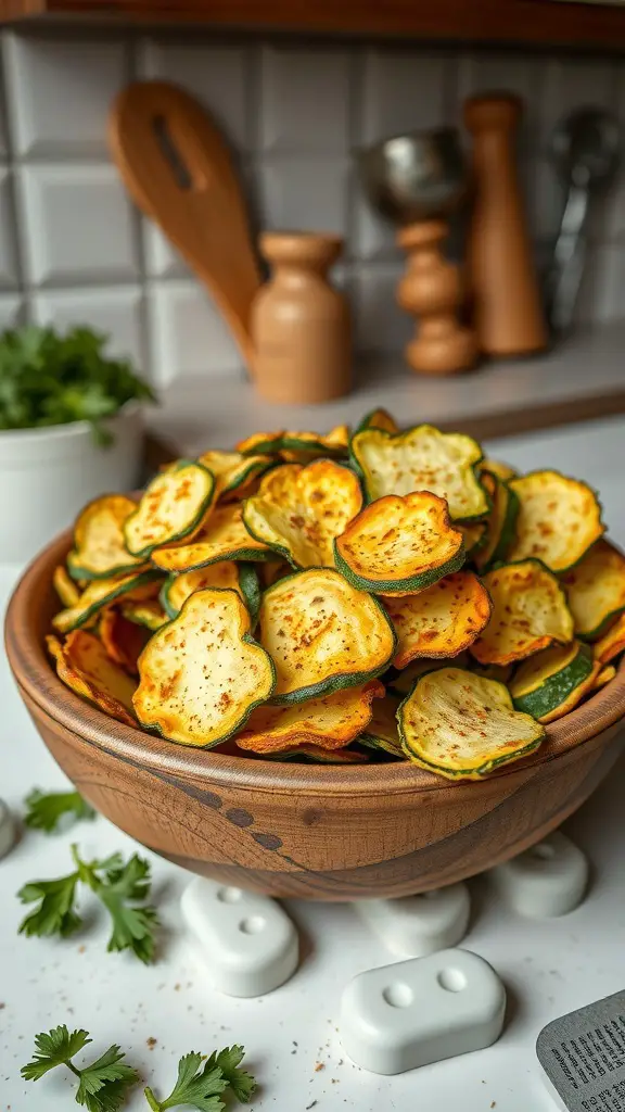 A bowl of crispy zucchini chips seasoned with spices