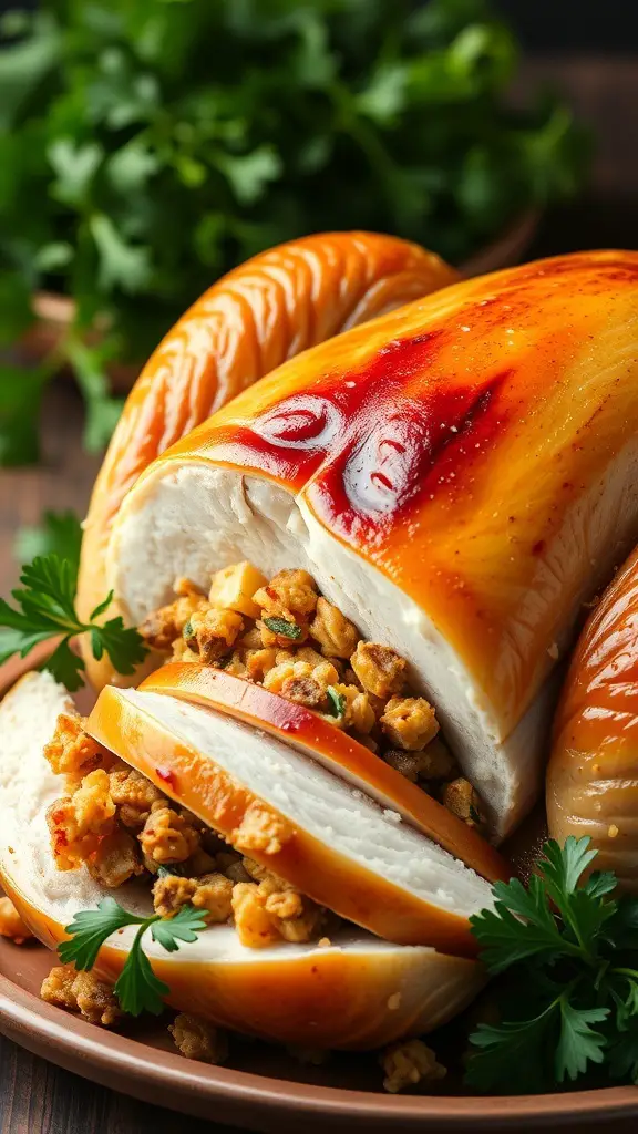 A classic stuffed turkey with golden brown skin and visible stuffing, garnished with parsley.