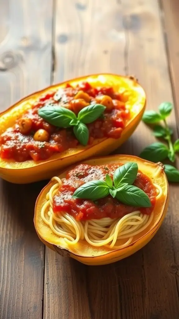 A bowl of spaghetti squash topped with marinara sauce and fresh basil on a wooden table.