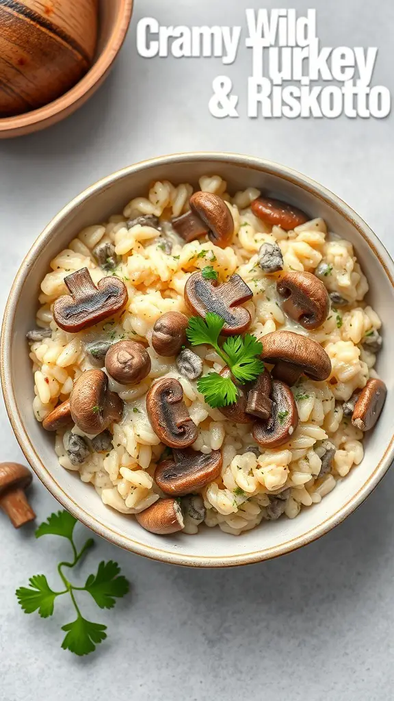 A bowl of creamy wild turkey and mushroom risotto garnished with mushrooms and herbs.