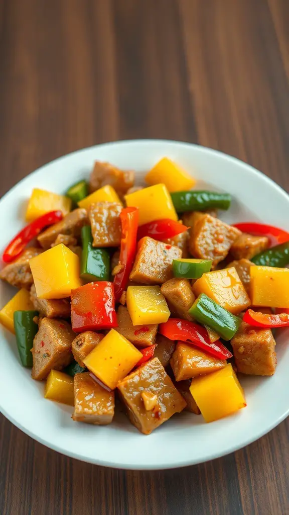 A plate of sweet and sour pork with colorful bell peppers and pineapple.