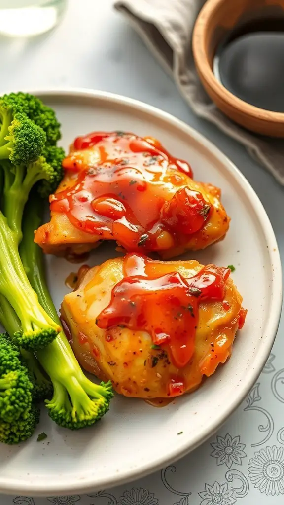Plate of orange ginger chicken thighs with broccoli