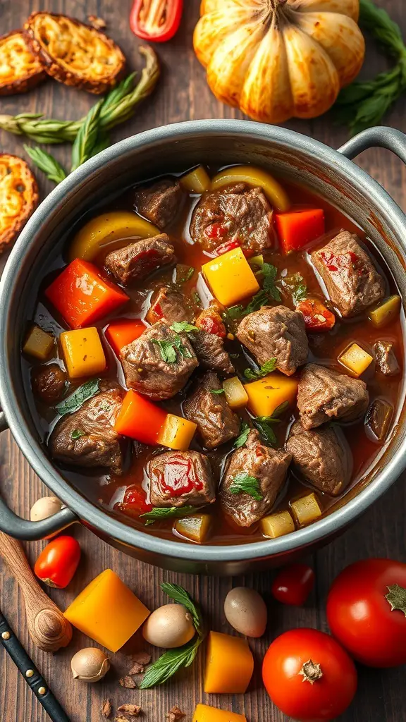 A pot of beef and vegetable stew with colorful vegetables and tender beef chunks.
