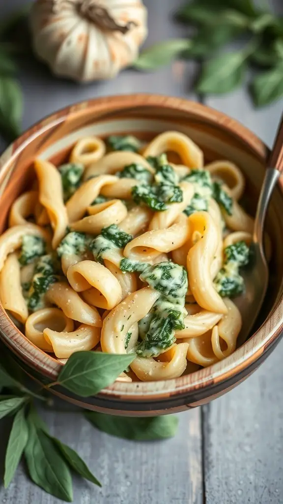 Bowl of cavatappi pasta with spinach and artichoke dip, garnished with fresh spinach leaves.