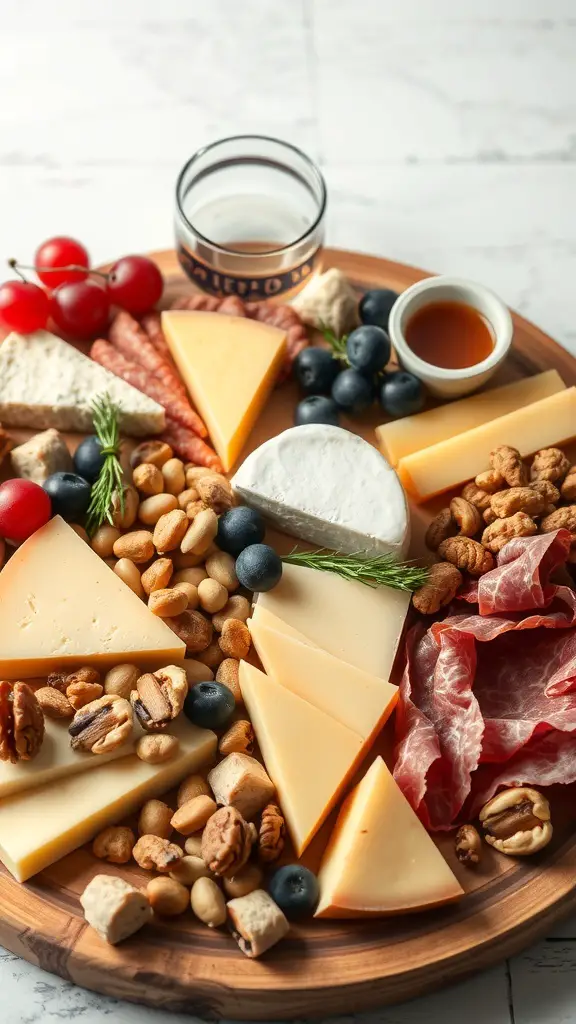 A beautifully arranged cheese and charcuterie board featuring various cheeses, cured meats, nuts, and fresh fruits.