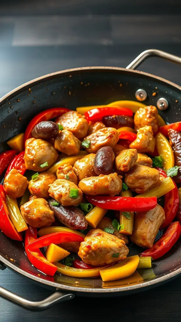A vibrant honey garlic chicken stir-fry with chicken pieces, red and yellow bell peppers in a black skillet.