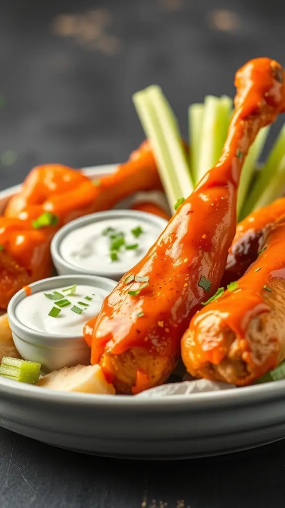 Buffalo style turkey drumsticks served with ranch dressing and celery sticks