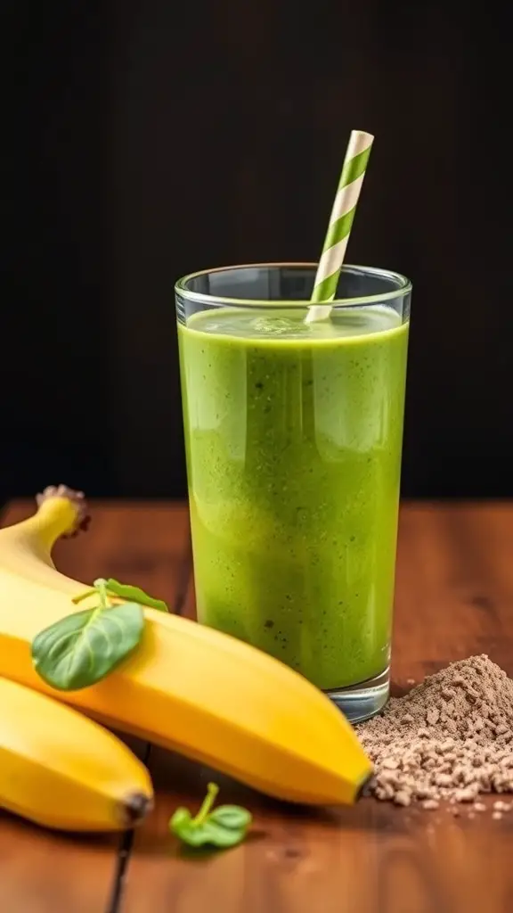 A green smoothie in a glass with a striped straw, surrounded by bananas and protein powder.