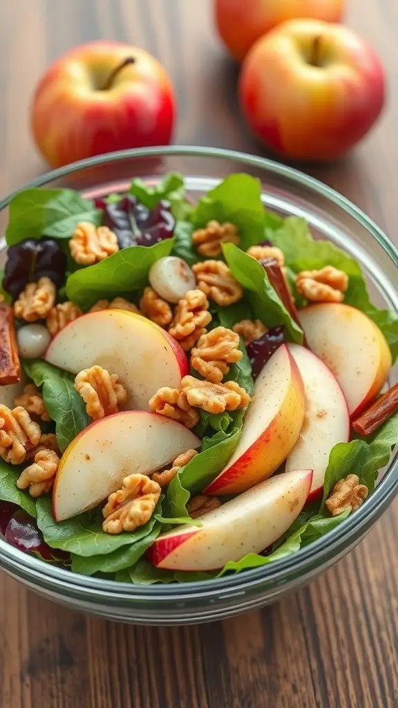 A bowl of spiced apple salad with greens, apple slices, walnuts, and cranberries.