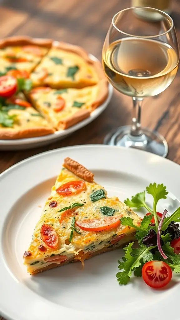 A slice of smoked salmon quiche on a plate with a side salad and a glass of white wine.