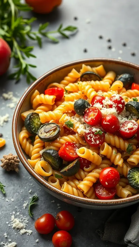A bowl of ditalini pasta with roasted vegetables, garnished with cherry tomatoes and cheese.