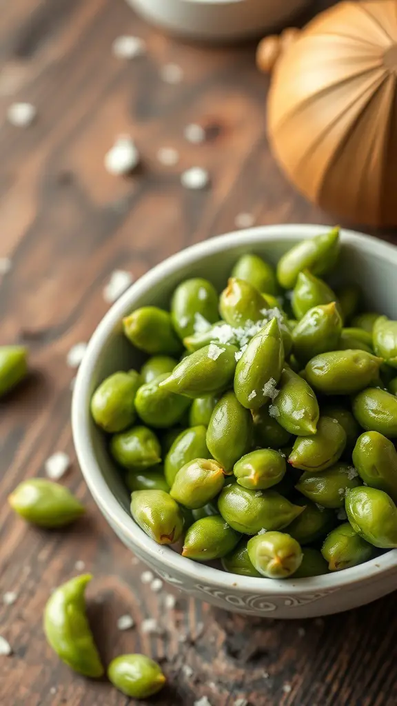 A bowl of fresh edamame pods sprinkled with salt on a wooden table.