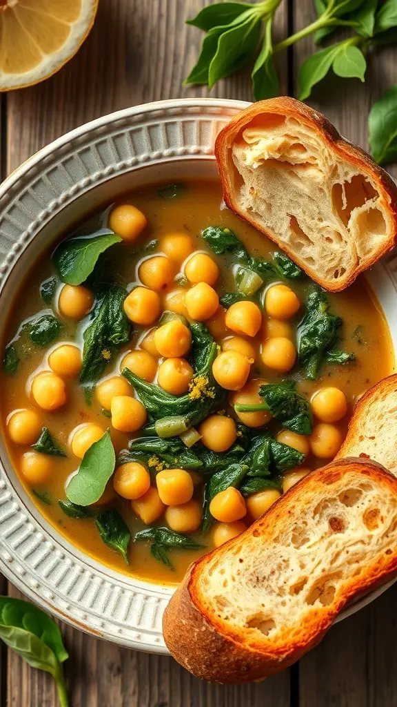 A bowl of chickpea and spinach stew with slices of bread on the side.