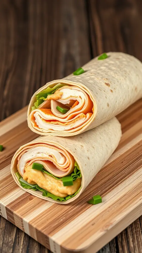 A turkey and hummus wrap with lettuce and green peppers, sliced in half, on a wooden cutting board.