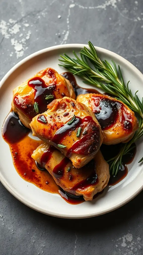 Balsamic glazed chicken thighs with a rich sauce and fresh rosemary on a plate.