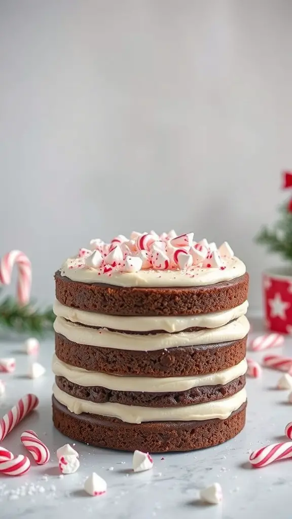 A layered chocolate peppermint cake topped with candy cane crumbles and festive decorations.