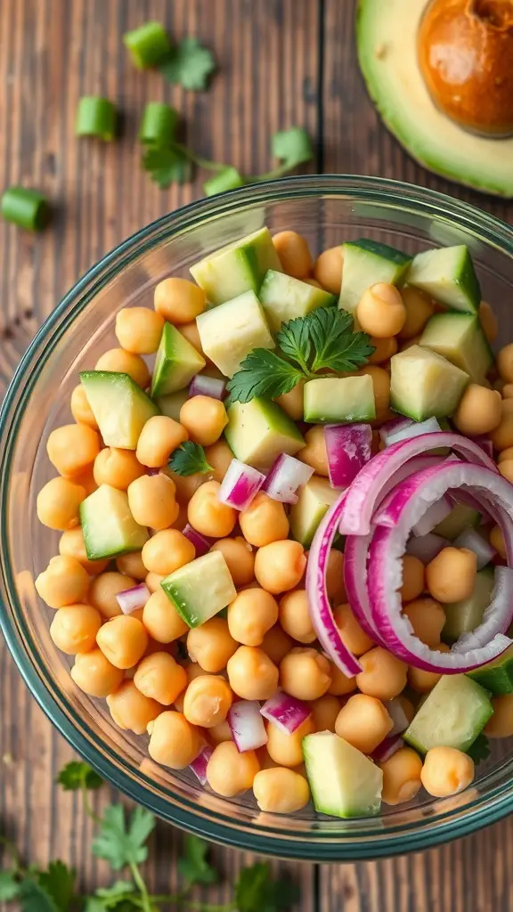 A bowl of chickpea and avocado salad with diced cucumbers and red onions on a wooden table.